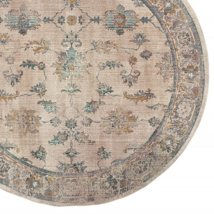 8 Ivory Blue Gold And Grey Round Oriental Power Loom Stain Resistant Area Rug Image 3