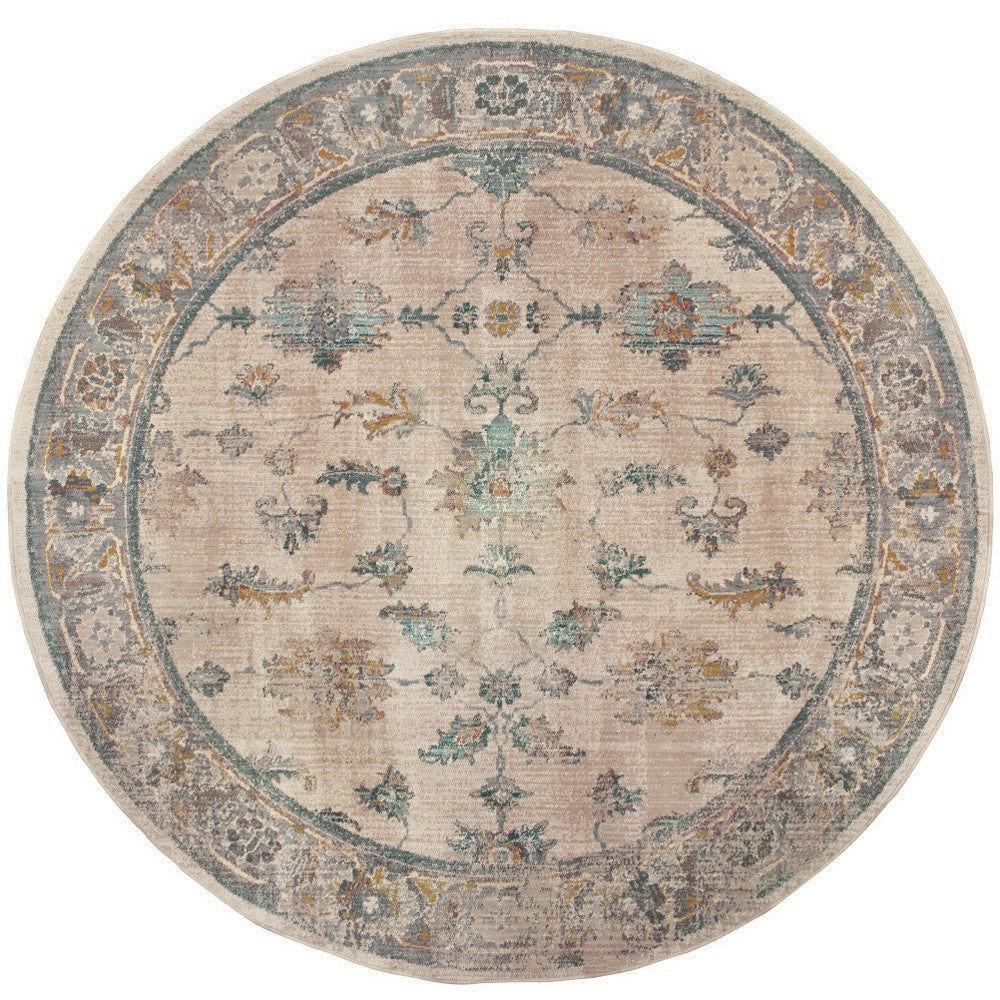 8 Ivory Blue Gold And Grey Round Oriental Power Loom Stain Resistant Area Rug Image 4