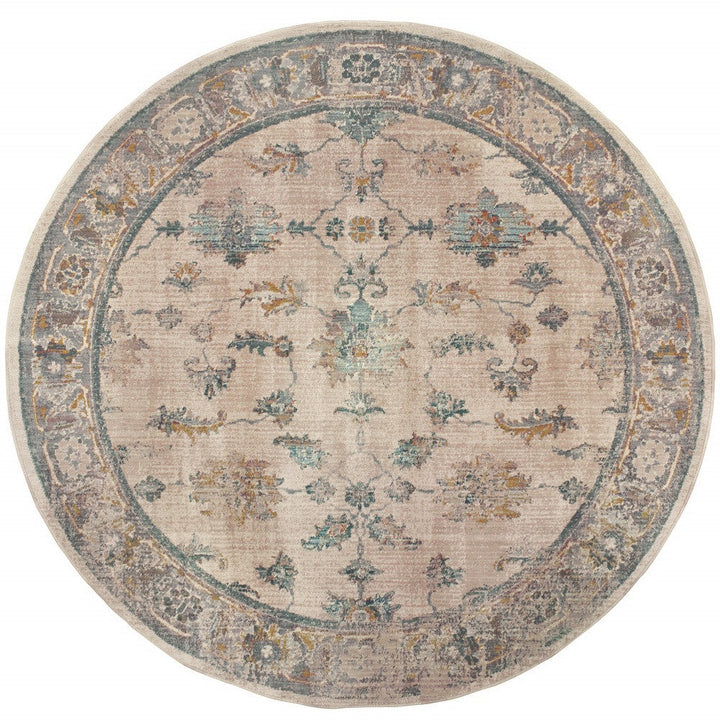 8 Ivory Blue Gold And Grey Round Oriental Power Loom Stain Resistant Area Rug Image 4