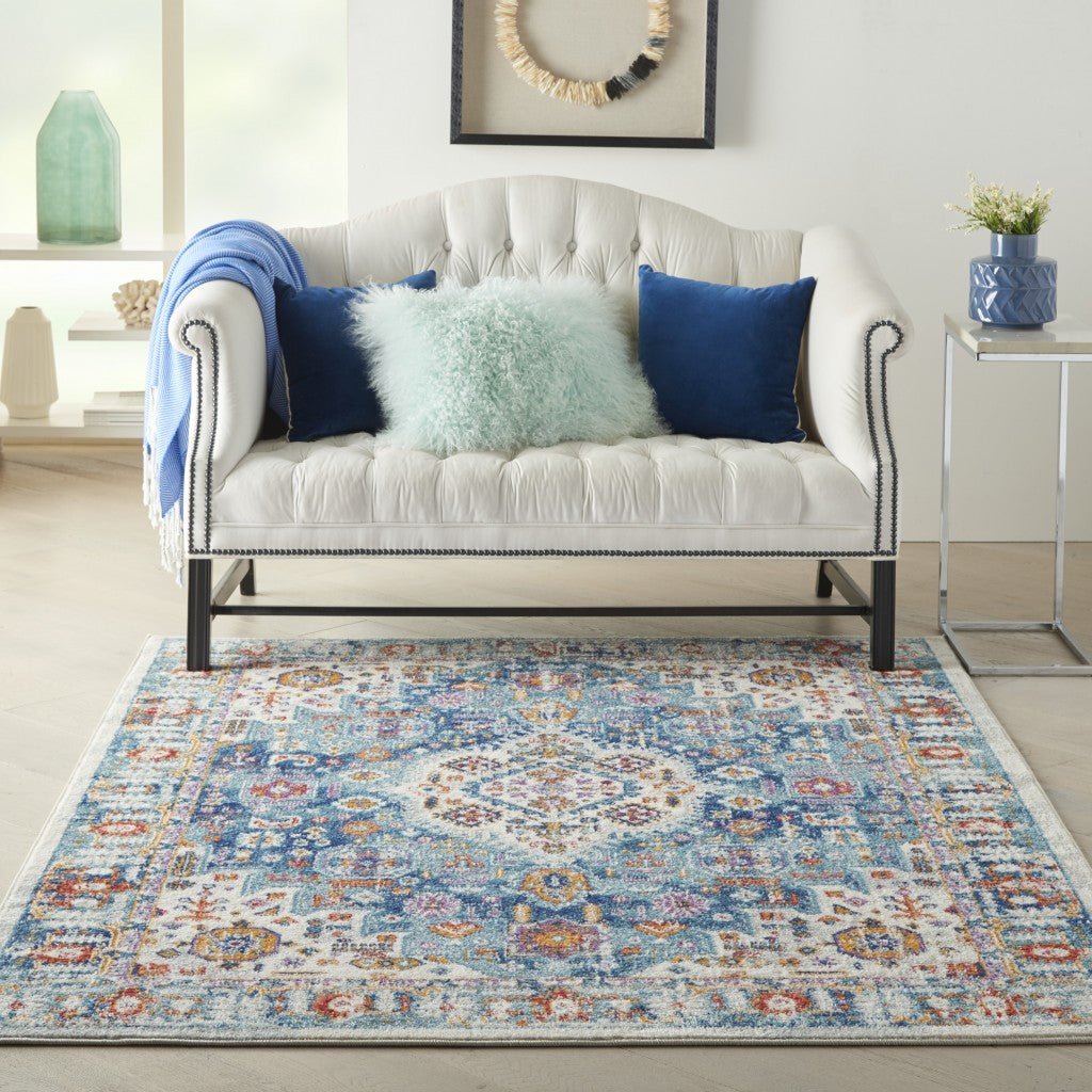 8 Blue And Ivory Power Loom Runner Rug Image 1