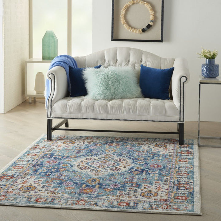 8 Blue And Ivory Power Loom Runner Rug Image 1