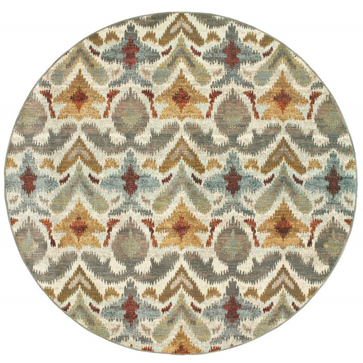 8 Ivory Grey Rust Gold And Blue Round Abstract Power Loom Stain Resistant Area Rug Image 1