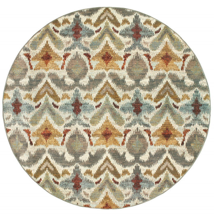 8 Ivory Grey Rust Gold And Blue Round Abstract Power Loom Stain Resistant Area Rug Image 1