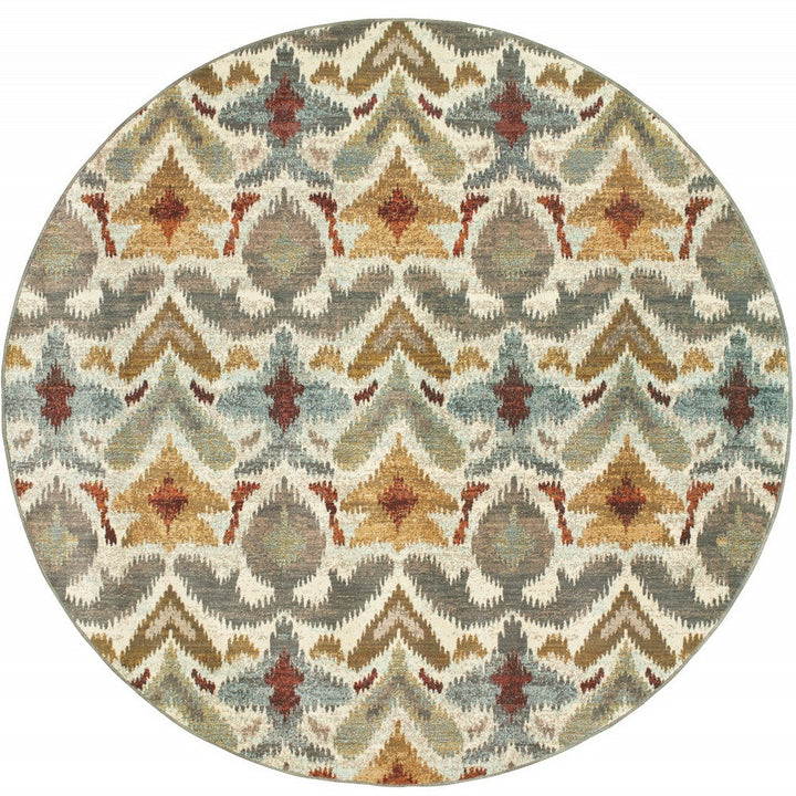 8 Ivory Grey Rust Gold And Blue Round Abstract Power Loom Stain Resistant Area Rug Image 4