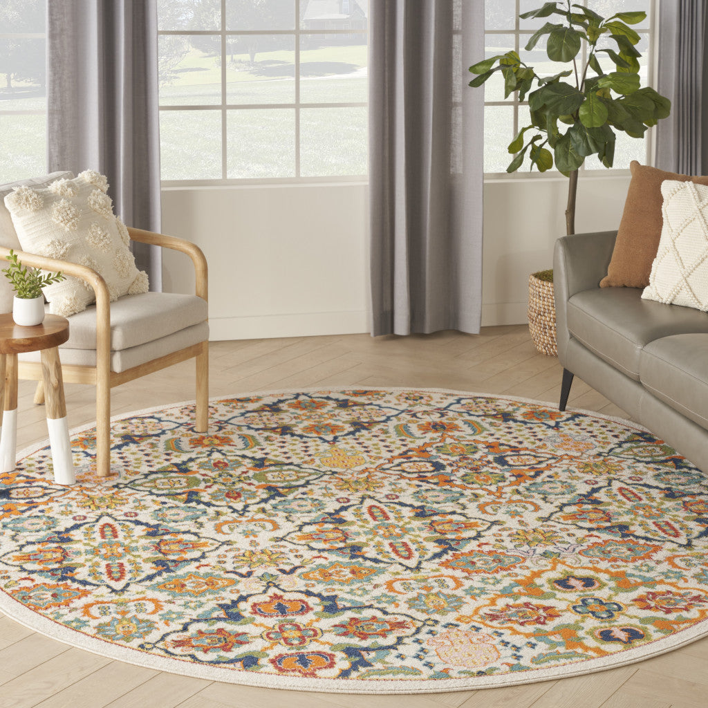 8 Ivory Round Floral Power Loom Area Rug Image 8