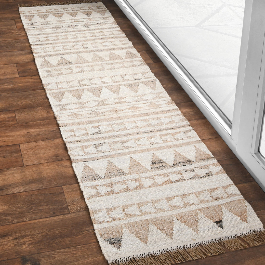 8 Natural and Ivory Southwestern Hand Woven Distressed Runner Rug with Fringe Image 2