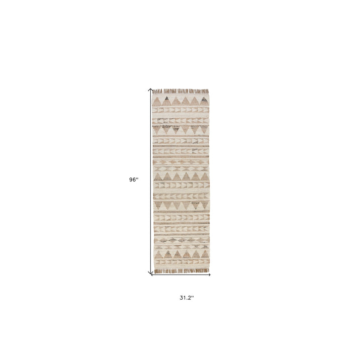 8 Natural and Ivory Southwestern Hand Woven Distressed Runner Rug with Fringe Image 3