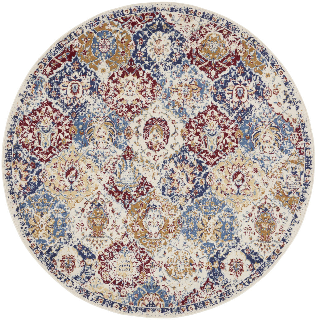 8 Navy Blue Round Damask Power Loom Distressed Area Rug Image 1