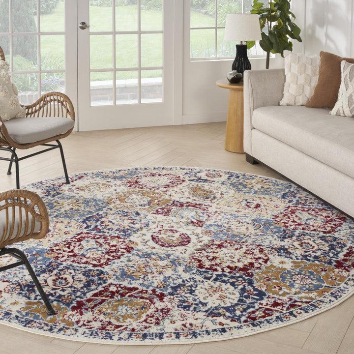 8 Navy Blue Round Damask Power Loom Distressed Area Rug Image 6