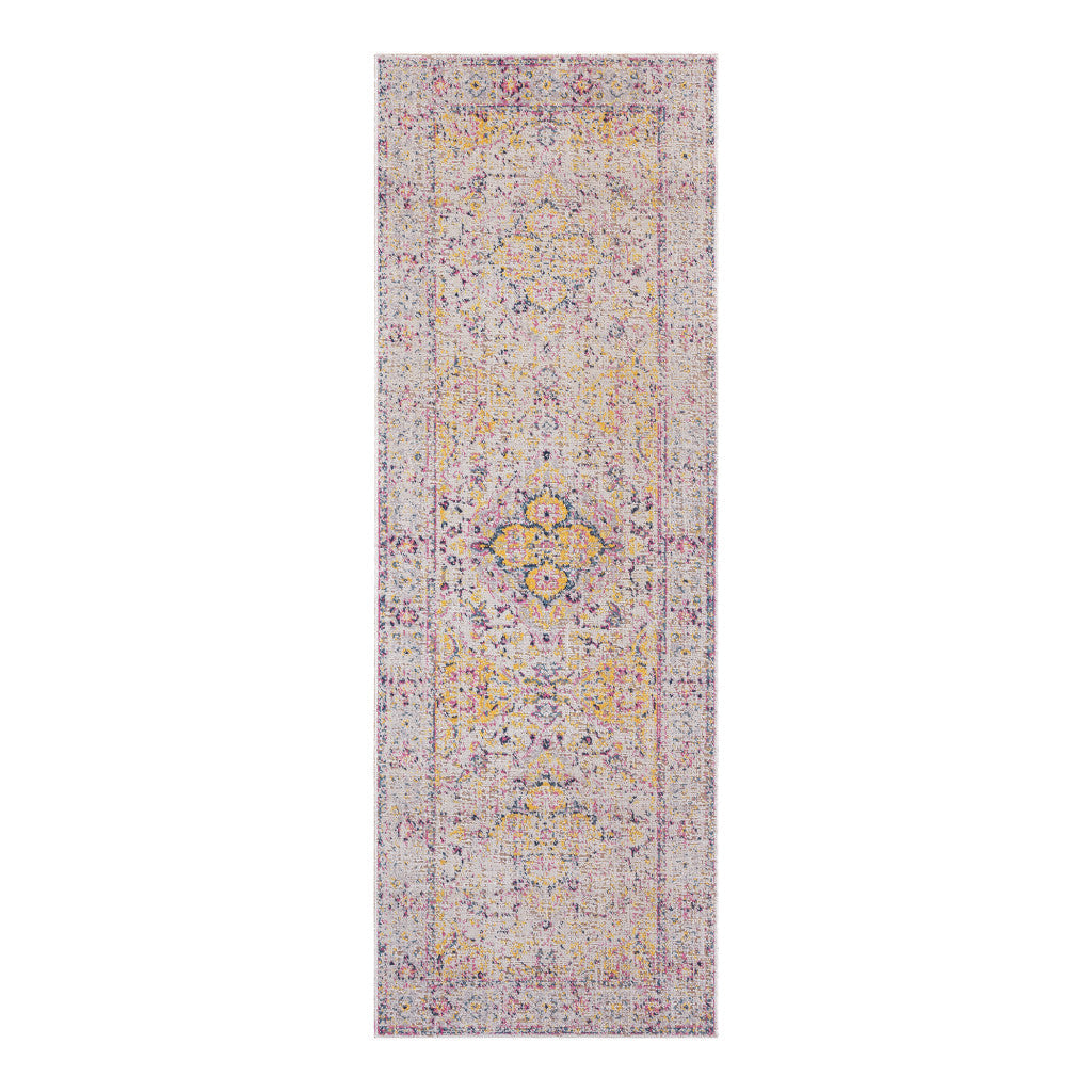 10 x 14 Yellow and Ivory Oriental Power Loom Distressed Area Rug Image 1