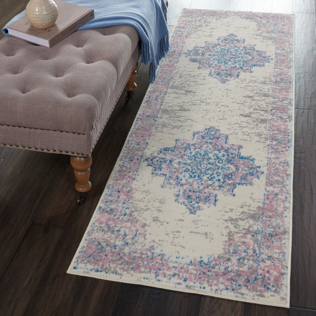 8 Pink Damask Power Loom Runner Rug Image 6