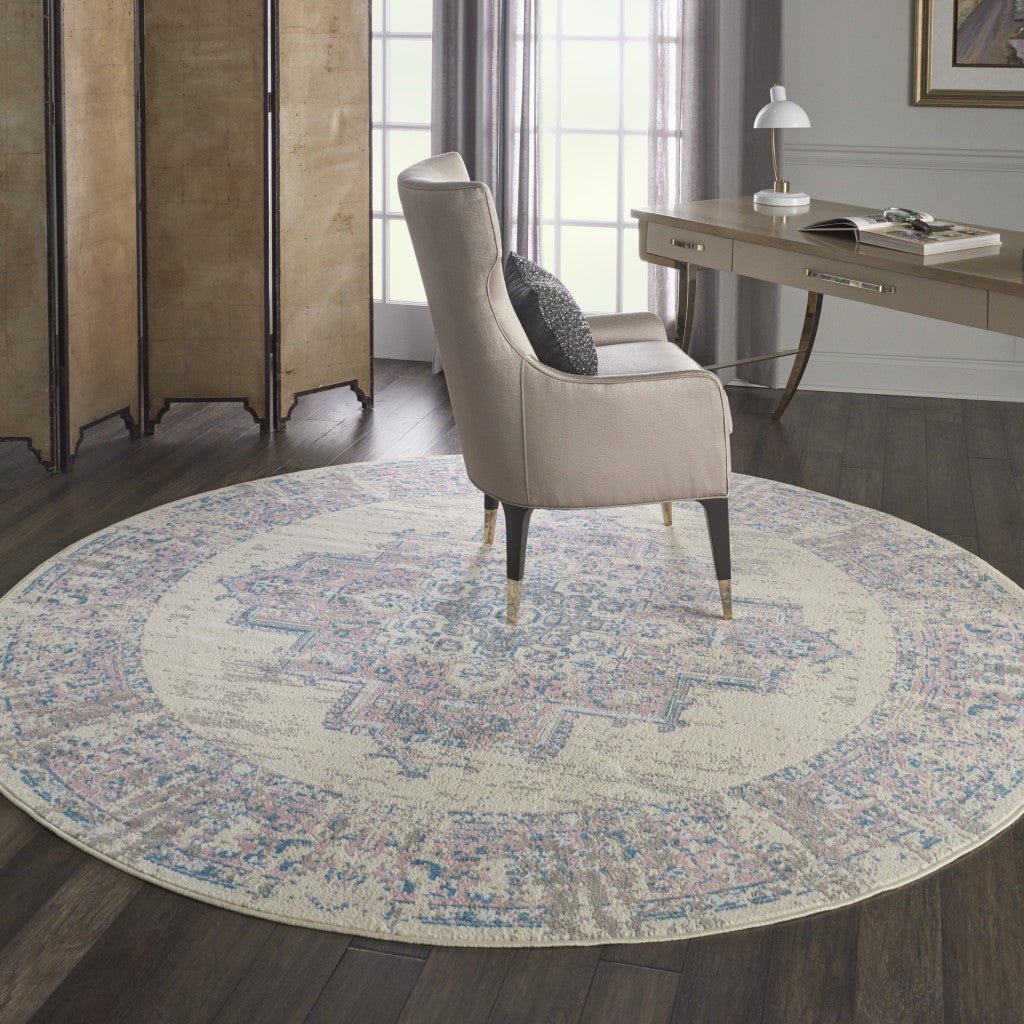 8 Pink Round Damask Power Loom Area Rug Image 6