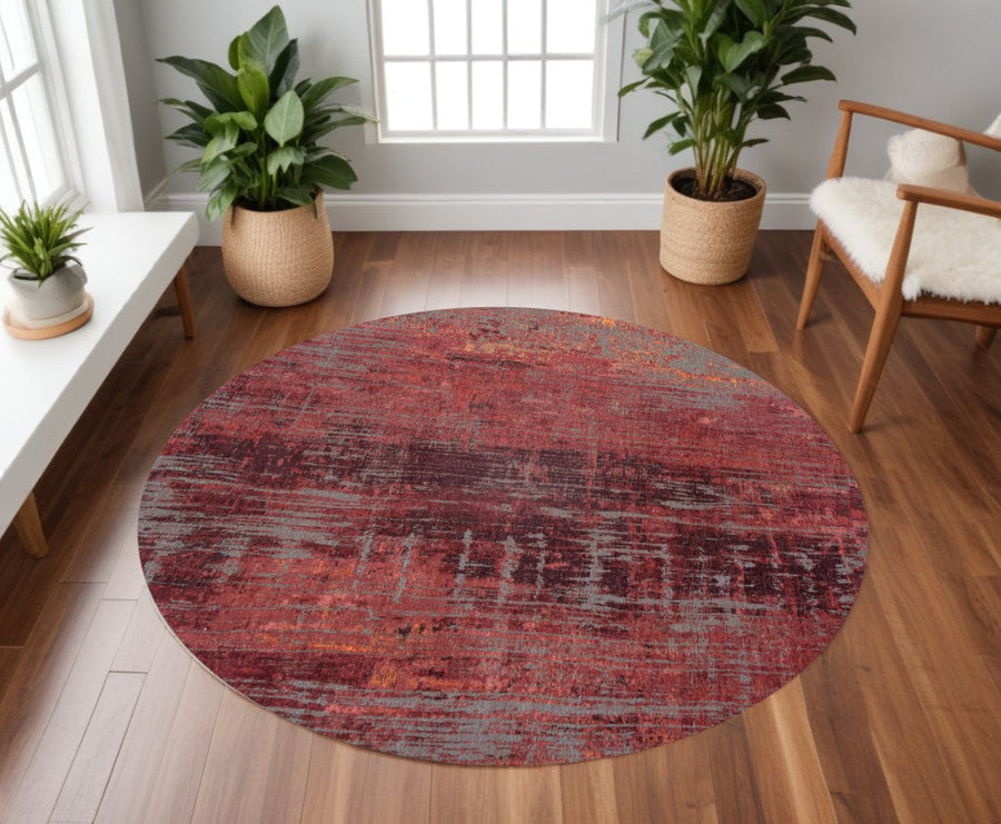 8 Red and Gray Round Abstract Non Skid Area Rug Image 1