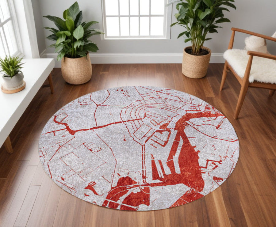 8 Red and White Round Abstract Non Skid Area Rug Image 1