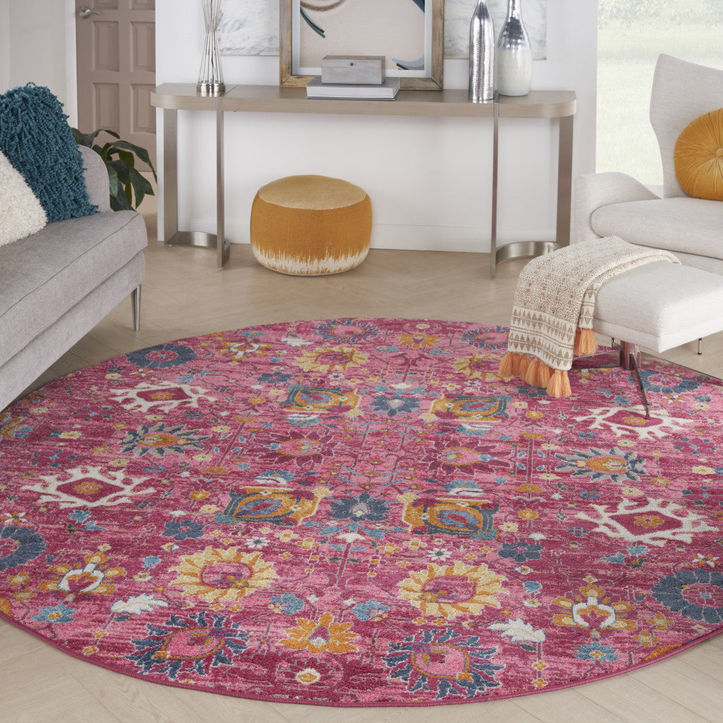 8 Pink Round Floral Power Loom Area Rug Image 8