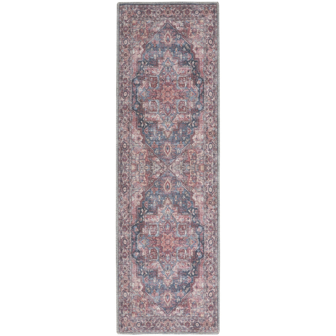 8 Red Floral Power Loom Distressed Washable Runner Rug Image 1