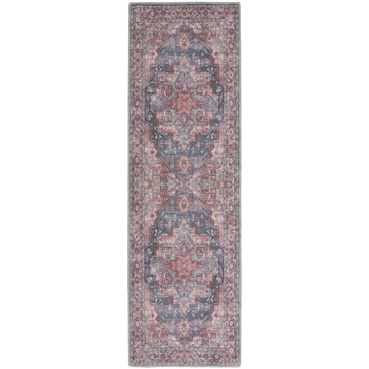 8 Red Floral Power Loom Distressed Washable Runner Rug Image 1