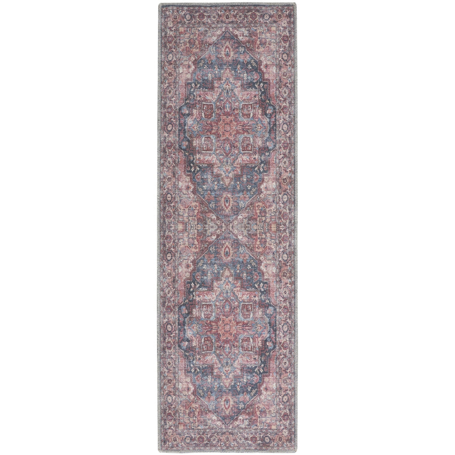 8 Red Floral Power Loom Distressed Washable Runner Rug Image 1