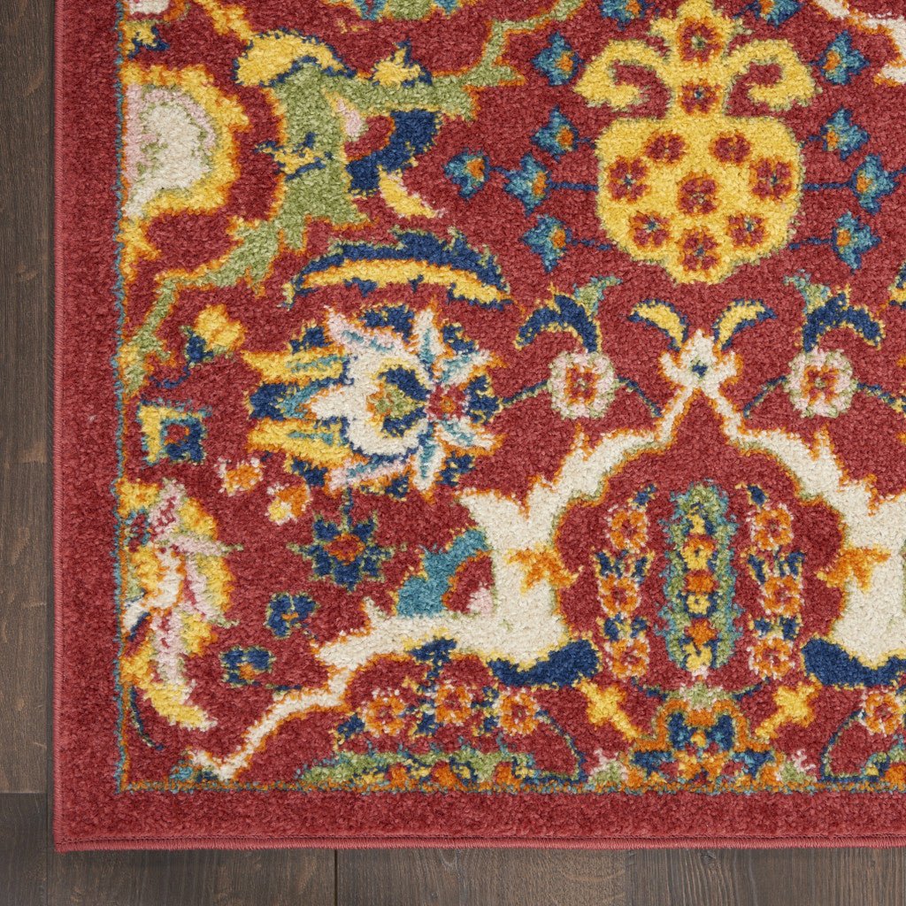 8 Red Floral Power Loom Runner Rug Image 3