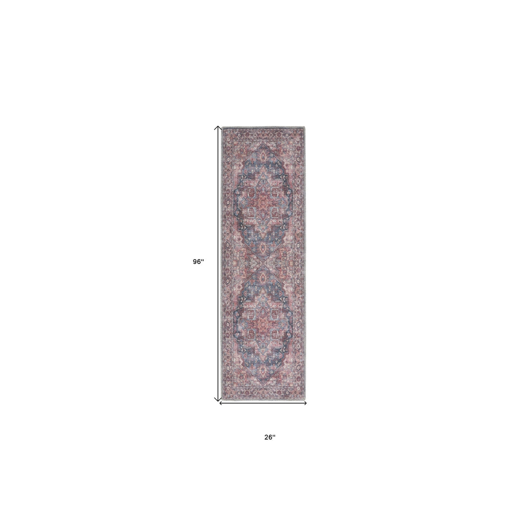 8 Red Floral Power Loom Distressed Washable Runner Rug Image 7