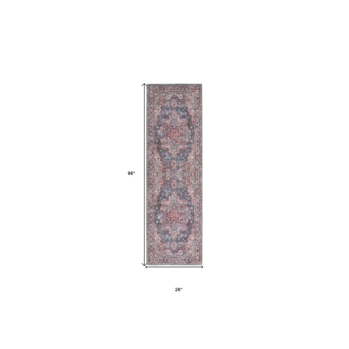 8 Red Floral Power Loom Distressed Washable Runner Rug Image 7