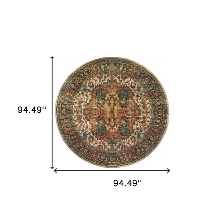 8 Red Gold Orange Green Ivory Rust And Blue Round Oriental Power Loom Stain Resistant Area Rug Image 4