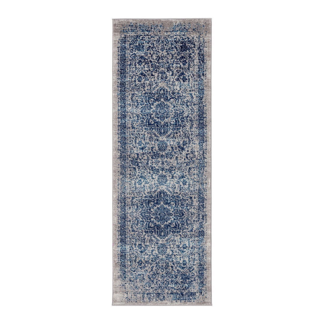 7 Blue and Beige Oriental Power Loom Runner Rug Image 1