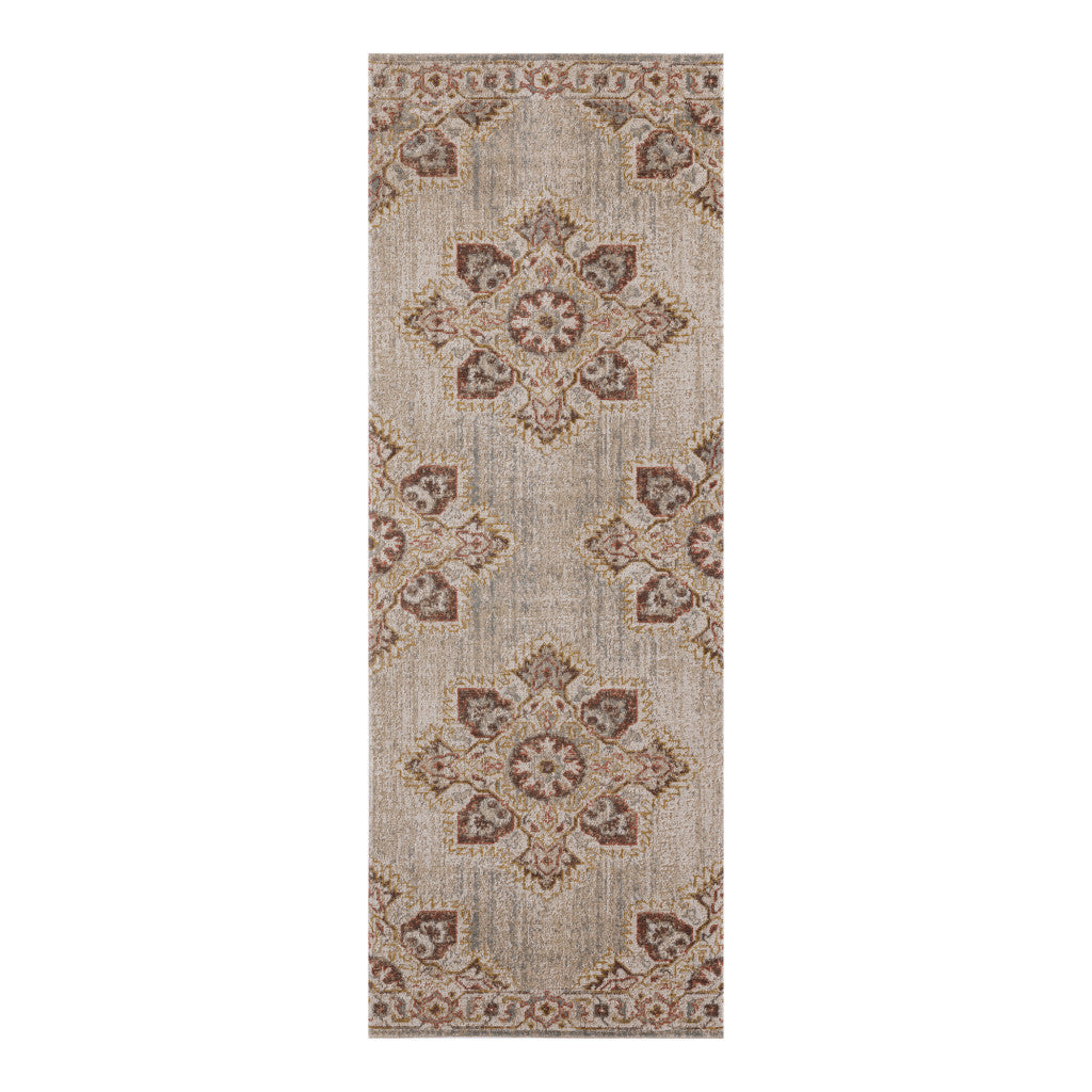 7 Beige Medallion Power Loom Runner Rug With Fringe Image 1