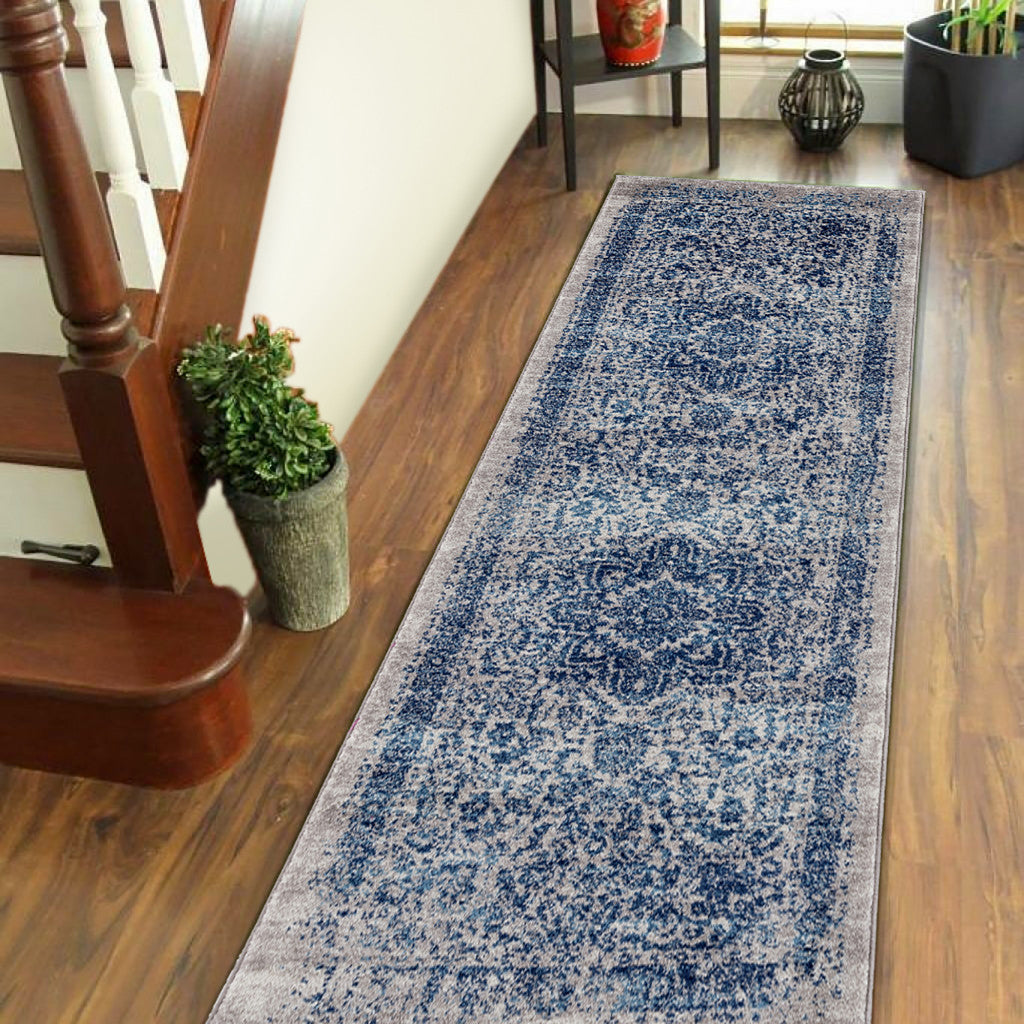 7 Blue and Beige Oriental Power Loom Runner Rug Image 5