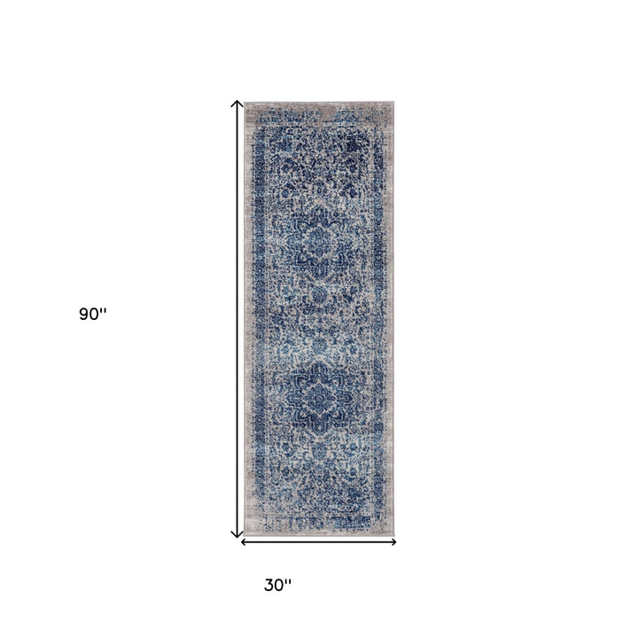 7 Blue and Beige Oriental Power Loom Runner Rug Image 6