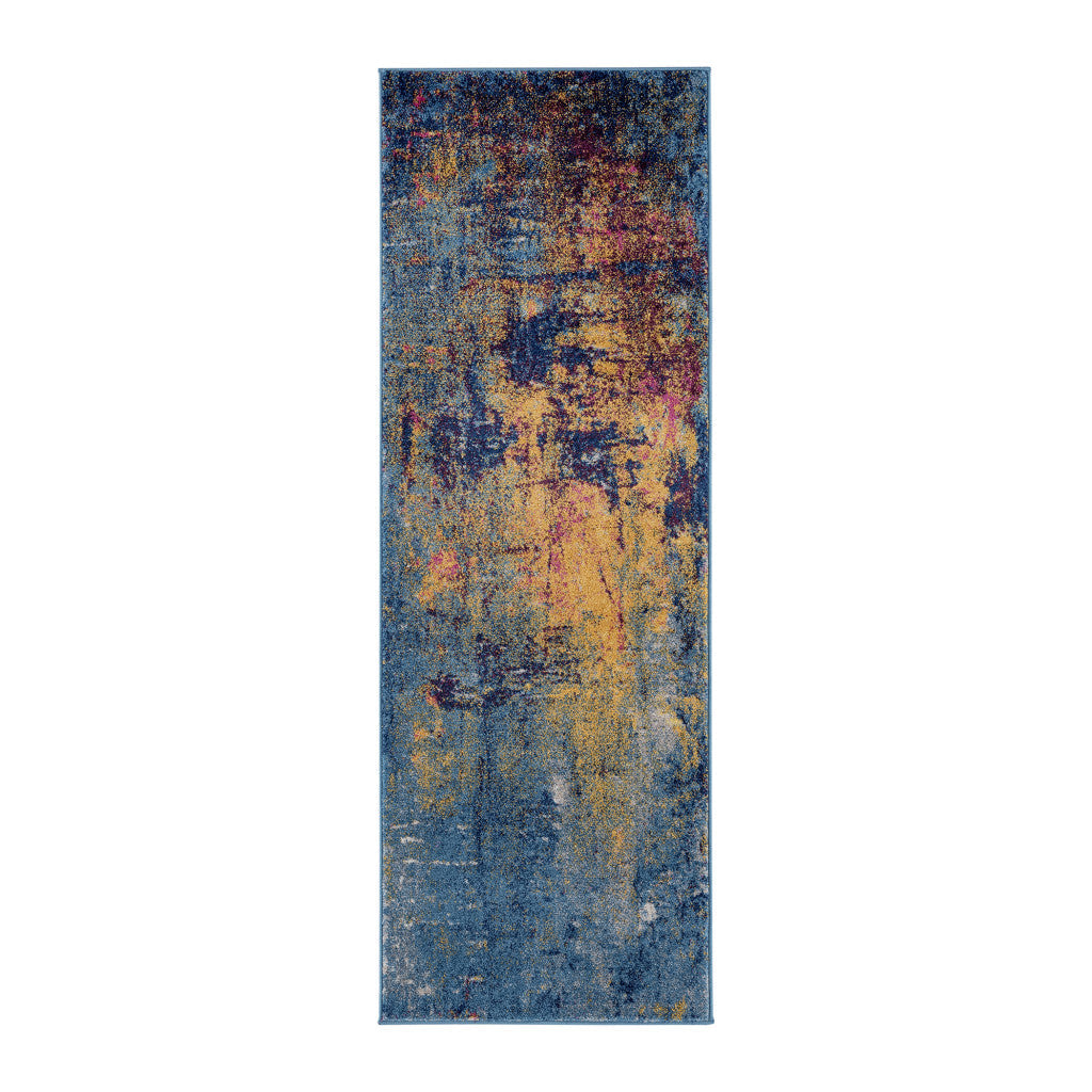 7 Blue and Orange Abstract Power Loom Runner Rug Image 1