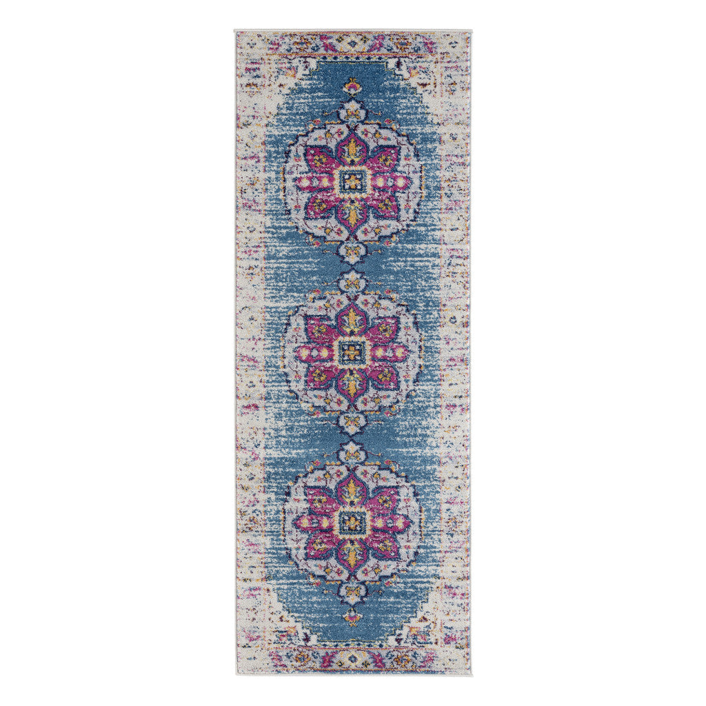 7 Blue and Pink Medallion Power Loom Runner Rug Image 1