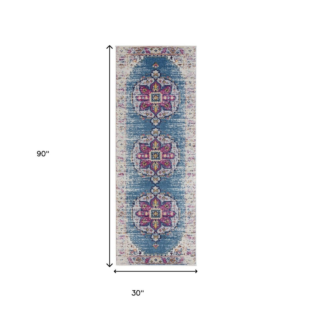 7 Blue and Pink Medallion Power Loom Runner Rug Image 2