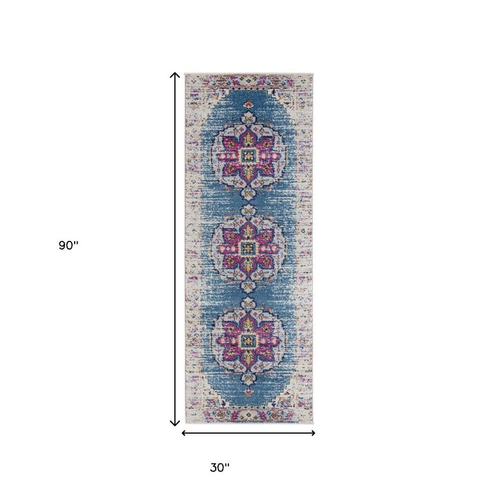 7 Blue and Pink Medallion Power Loom Runner Rug Image 2