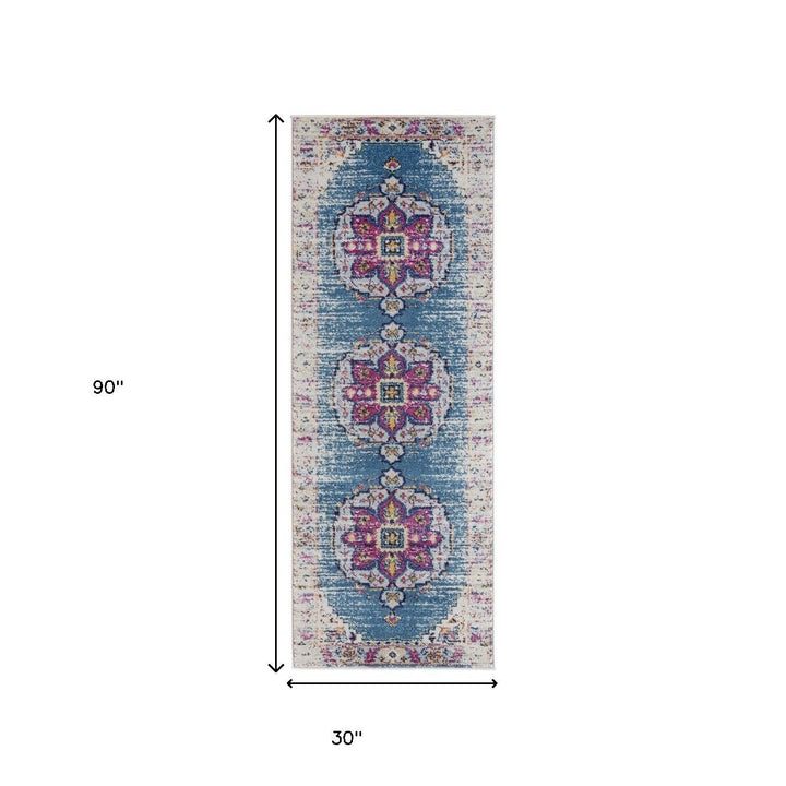 7 Blue and Pink Medallion Power Loom Runner Rug Image 1