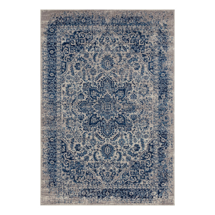 7 Blue and Beige Oriental Power Loom Runner Rug Image 9