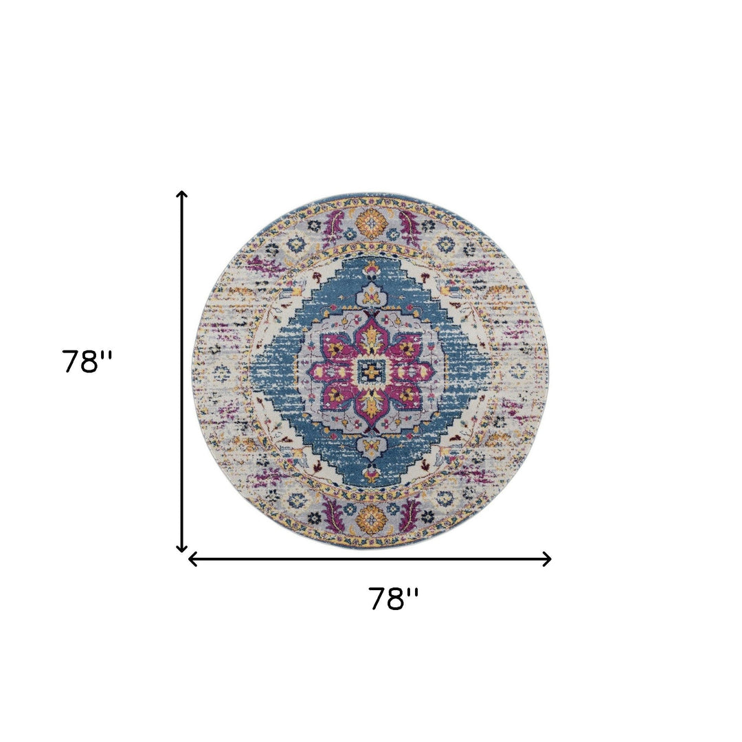 7 Blue and Pink Medallion Power Loom Runner Rug Image 3