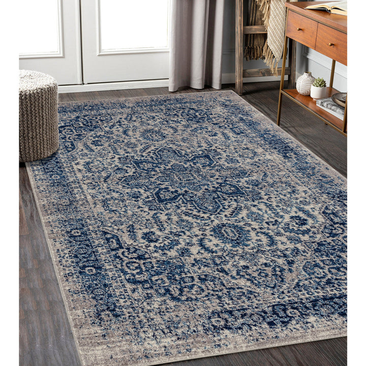 7 Blue and Beige Oriental Power Loom Runner Rug Image 11