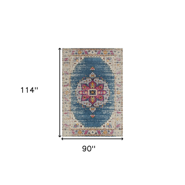 7 Blue and Pink Medallion Power Loom Runner Rug Image 4