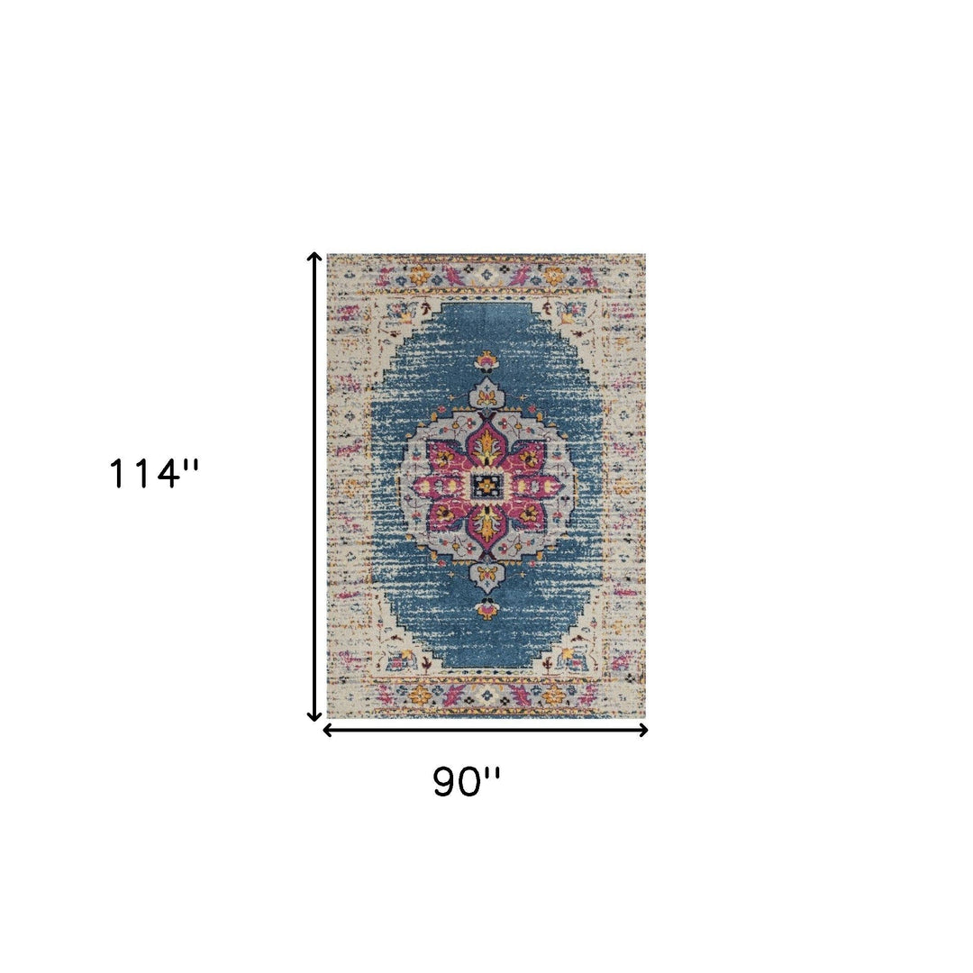 7 Blue and Pink Medallion Power Loom Runner Rug Image 1