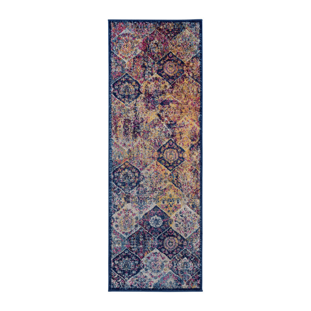 7 Blue and Orange Moroccan Power Loom Runner Rug Image 1