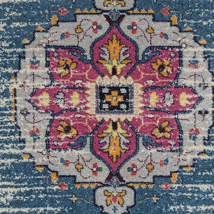 7 Blue and Pink Medallion Power Loom Runner Rug Image 7