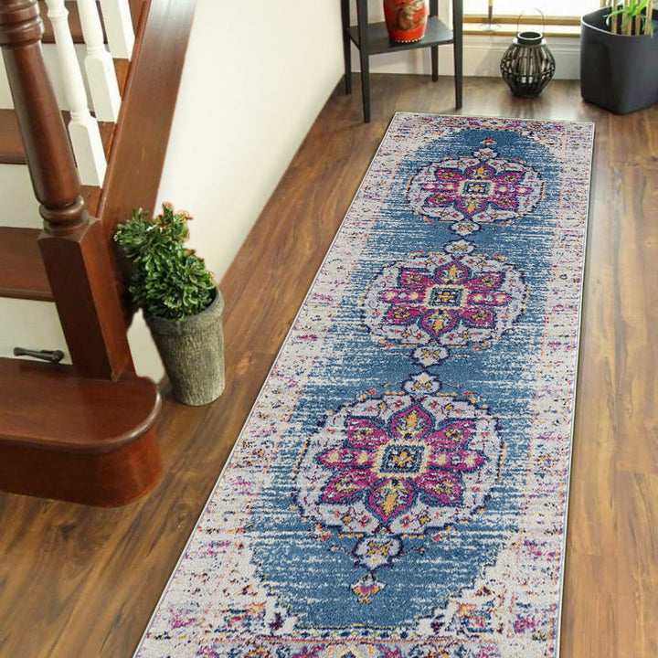 7 Blue and Pink Medallion Power Loom Runner Rug Image 9