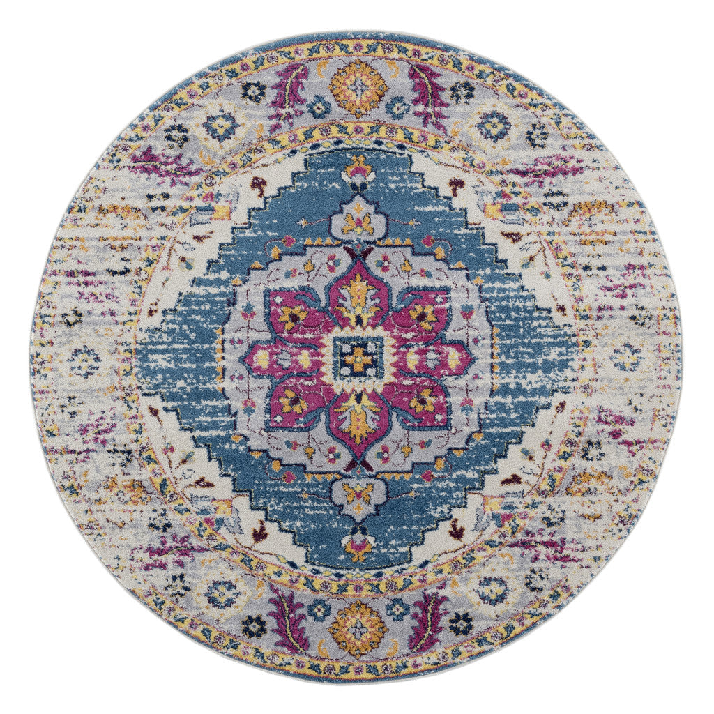 7 Blue and Pink Medallion Power Loom Runner Rug Image 10