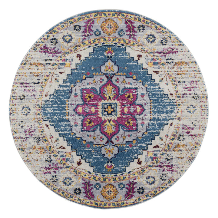 7 Blue and Pink Medallion Power Loom Runner Rug Image 10