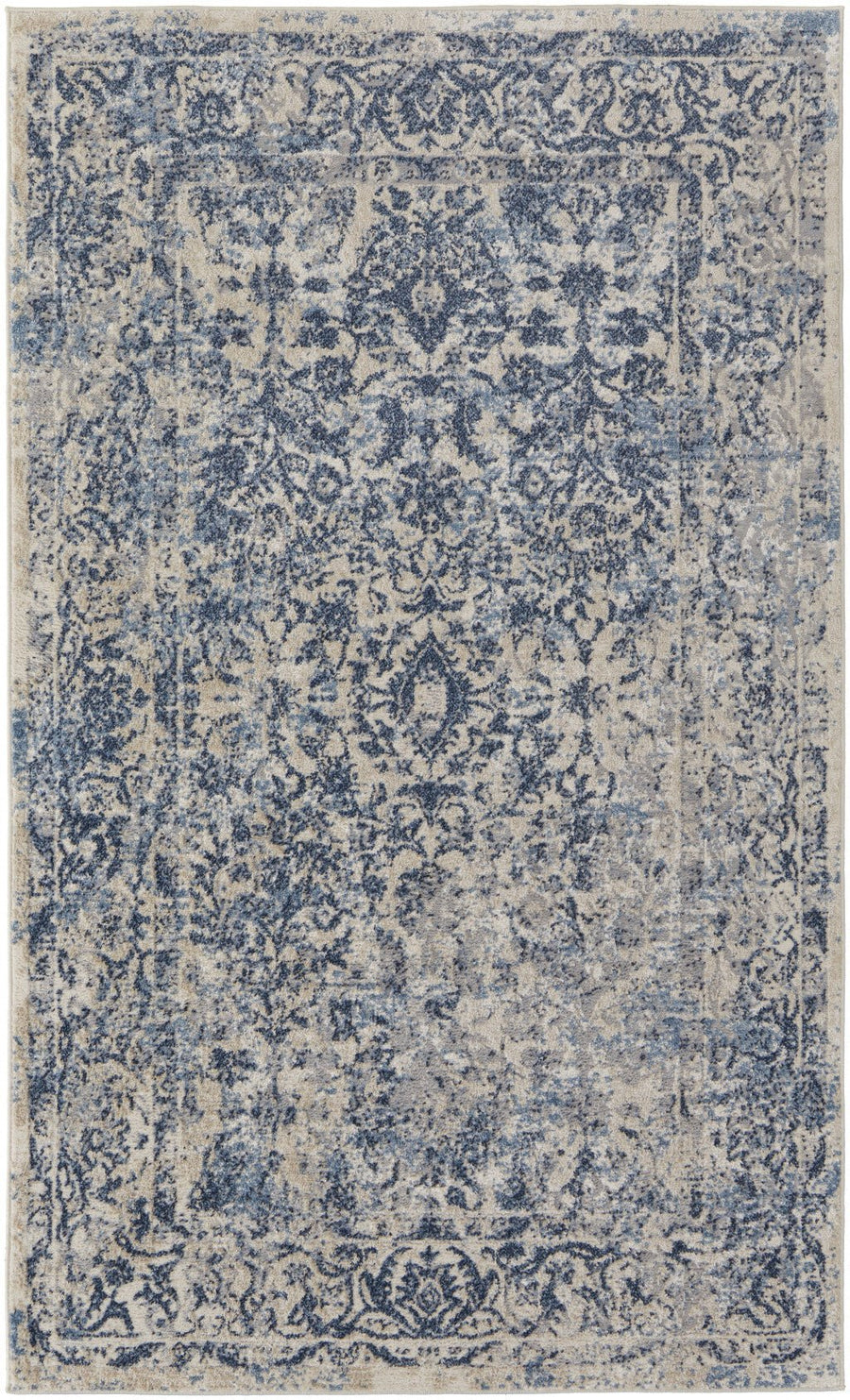 8 X 10 Blue And Ivory Floral Power Loom Distressed Area Rug Image 1