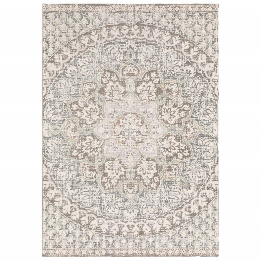 7 X 10 Ivory Grey Distresed Oversize Medallion Indoor Area Rug Image 1