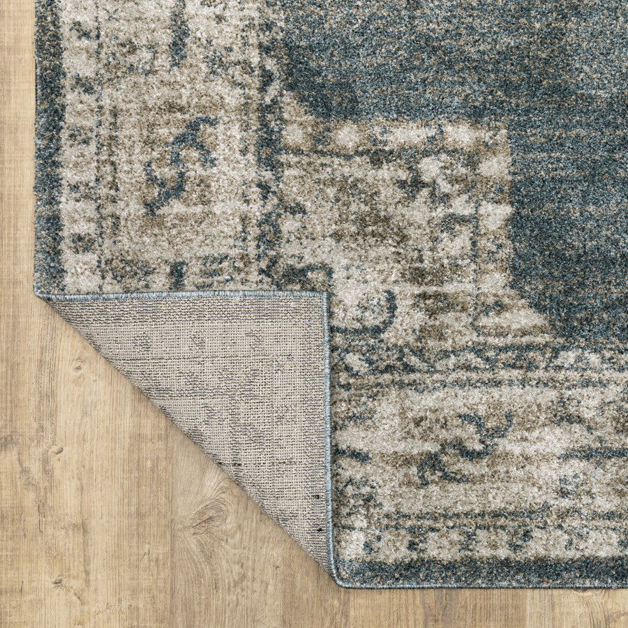 8 Runner Blue and Beige Oriental Power Loom Runner Rug Image 1