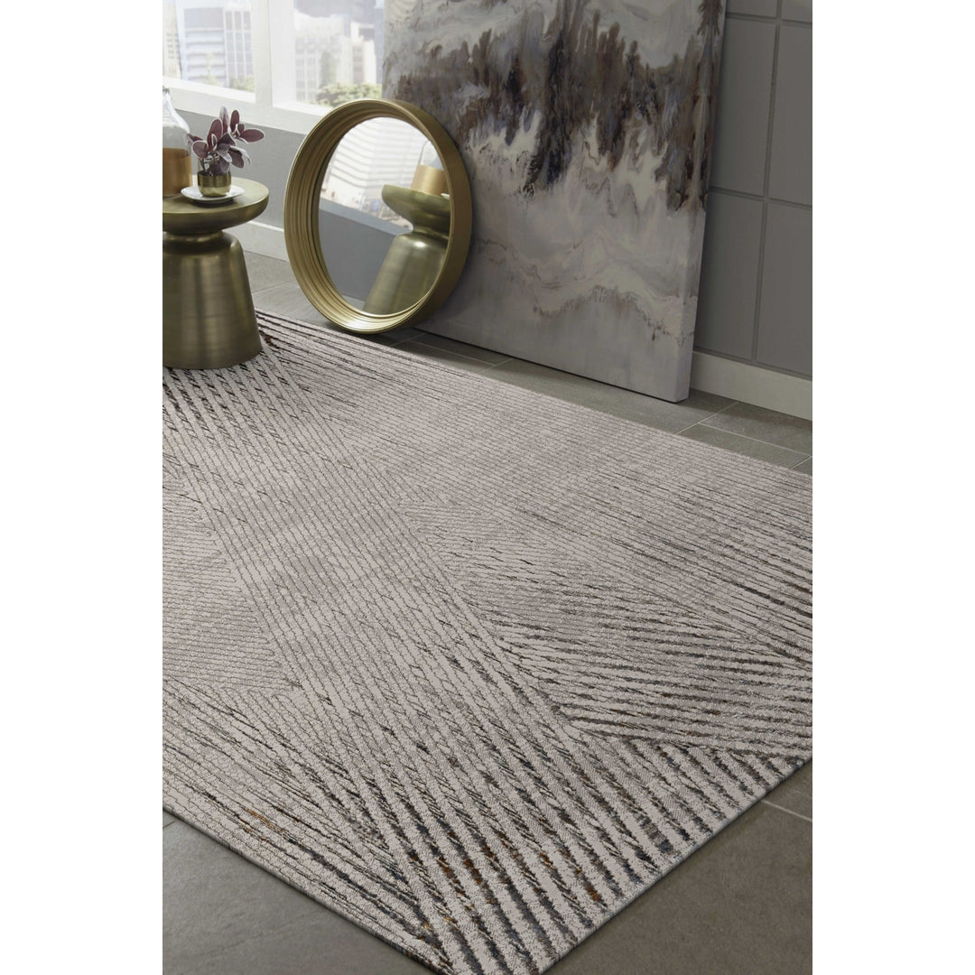 5X8 Ivory Grey Machine Woven Geometric Lines Indoor Area Rug Image 2