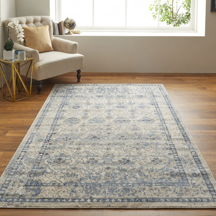 8 X 10 Blue And Ivory Geometric Power Loom Distressed Area Rug Image 8